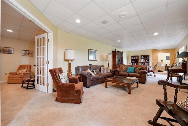 105 Hillcrest Rd, Penn Twp But, PA 16053 - living area featuring carpet floors, a drop ceiling, recessed lighting, and french doors