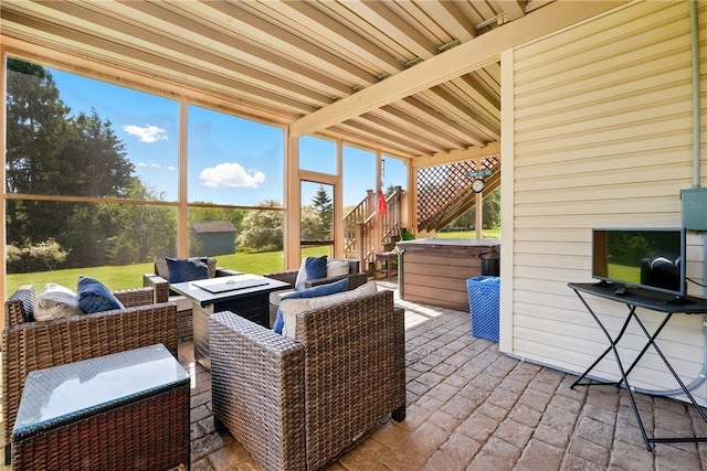 105 Hillcrest Rd, Penn Twp But, PA 16053 - view of patio / terrace with a hot tub, an outdoor hangout area, and stairs