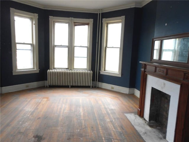 198 W Pearl St, City Of But Nw, PA 16001 - unfurnished living room featuring baseboards, a high end fireplace, crown molding, wood finished floors, and radiator heating unit