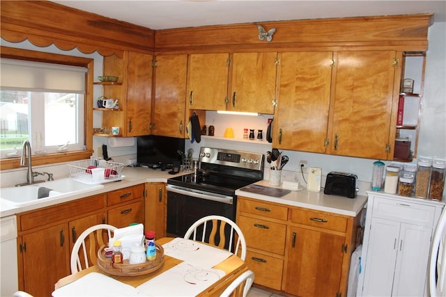 192 S Franklin, St, PA 16314 - kitchen with a sink, light countertops, open shelves, and stainless steel range with electric stovetop