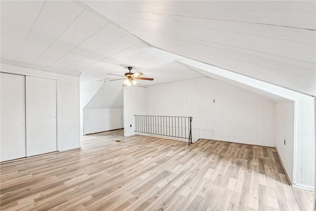 4106 Garden Way, Lawrenceville, PA 15201 - additional living space with light wood-type flooring, wood walls, ceiling fan, and lofted ceiling