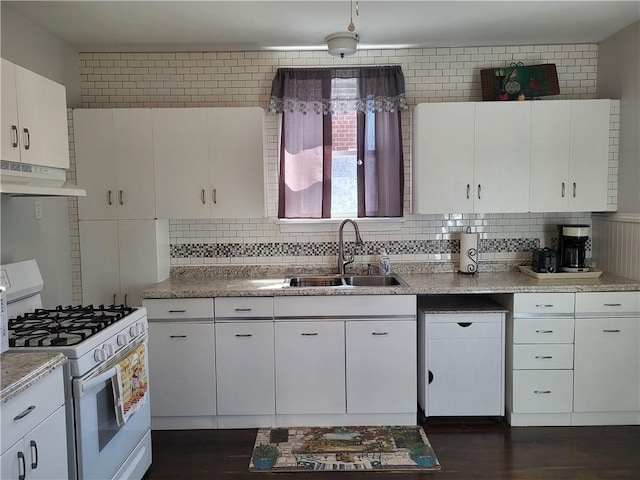 211 Oak St, City Of But Ne, PA 16001 - kitchen featuring white gas stove, decorative backsplash, under cabinet range hood, and a sink