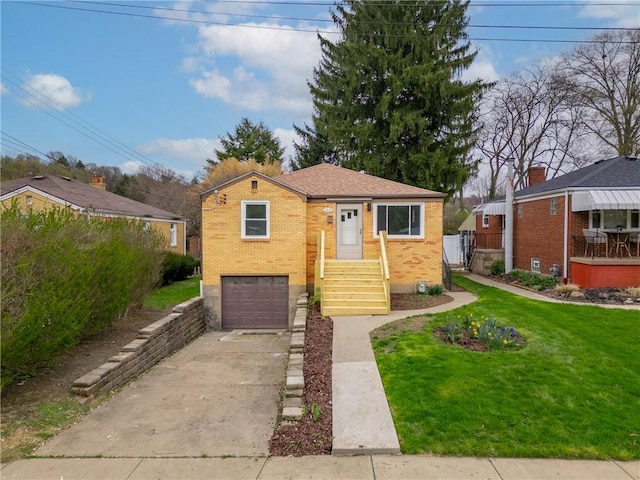 bungalow-style home featuring a garage, a front yard, brick siding, and concrete driveway