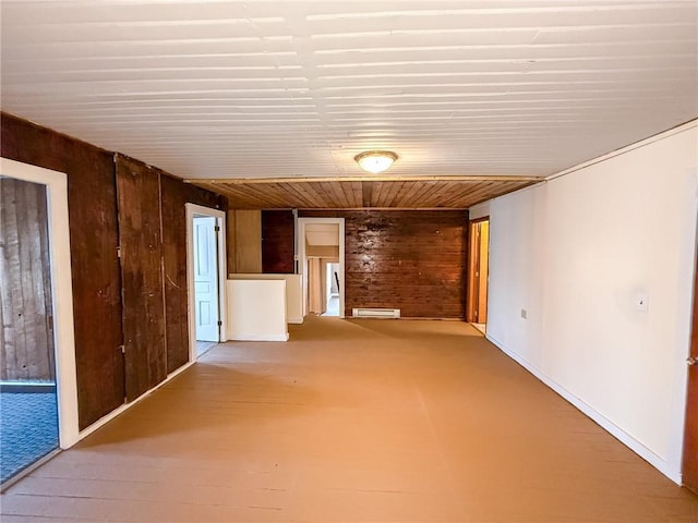interior space featuring wood ceiling and wood walls