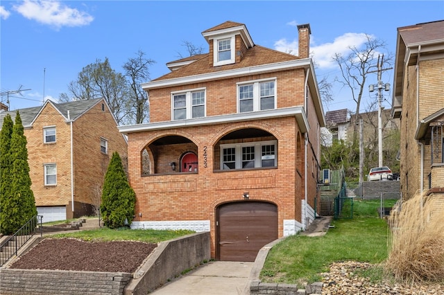 view of front of house with concrete driveway, a chimney, an attached garage, brick siding, and fence