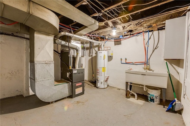 unfinished basement with heating unit, a sink, and gas water heater