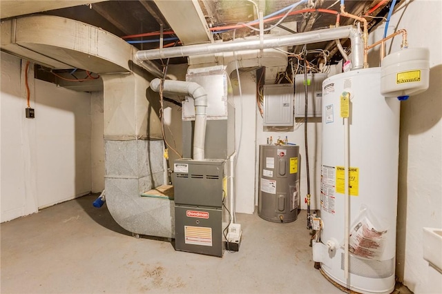 utilities with electric water heater, gas water heater, and electric panel