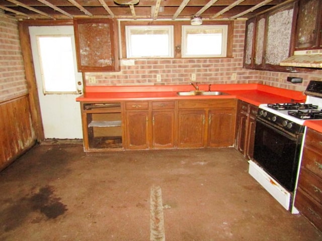 kitchen featuring a sink, ventilation hood, a wealth of natural light, and gas range oven