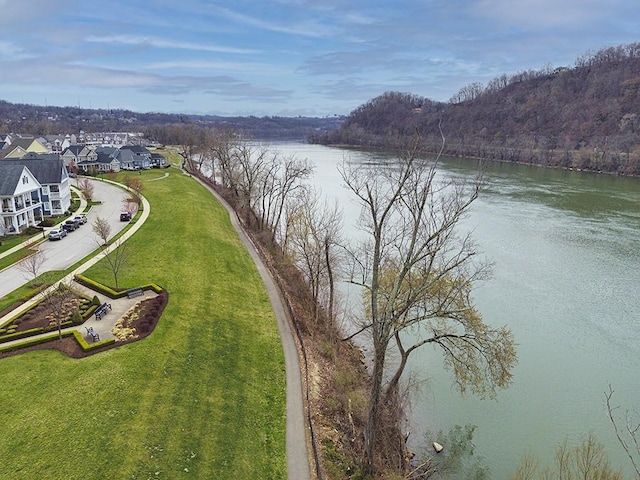 aerial view with a water view and a residential view