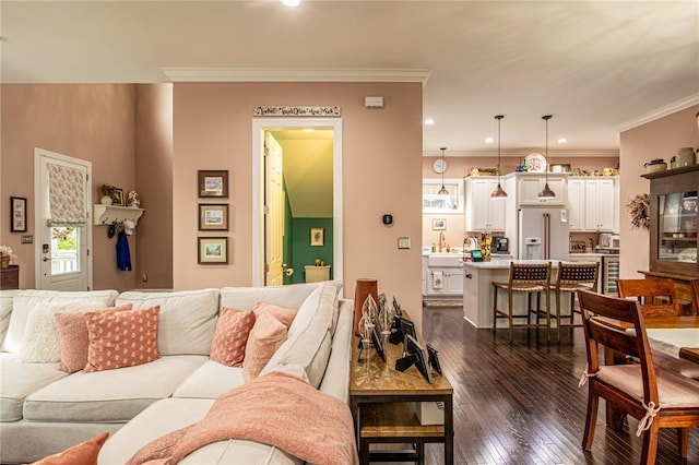 living area featuring dark wood-style flooring and ornamental molding