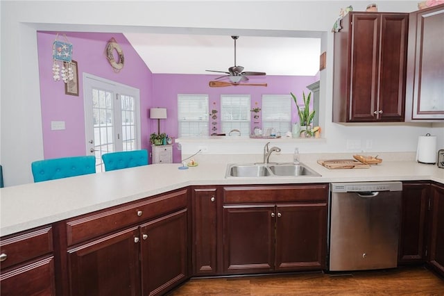 605 Skyline Ct, Irwin, PA 15642 - kitchen featuring stainless steel dishwasher, a ceiling fan, vaulted ceiling, light countertops, and a sink