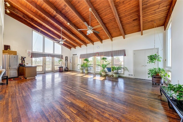 1814 Kenzie Dr, Robinson Twp Nwa, PA 15205 - interior space featuring visible vents, ceiling fan, high vaulted ceiling, wood ceiling, and wood finished floors