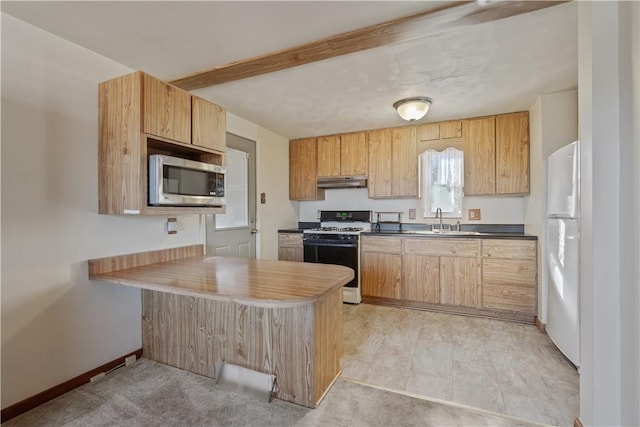 kitchen featuring a sink, freestanding refrigerator, under cabinet range hood, stainless steel microwave, and range with gas stovetop