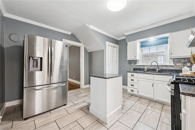 1634 Mcminn, Aliquippa, PA 15001 - kitchen featuring ornamental molding, white cabinetry, a sink, stainless steel appliances, and decorative backsplash