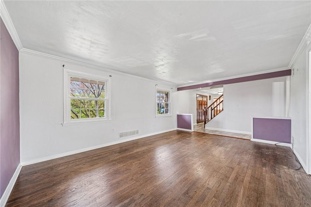2096 Ramsey Rd, Monroeville, PA 15146 - unfurnished living room with visible vents, baseboards, ornamental molding, wood finished floors, and stairs