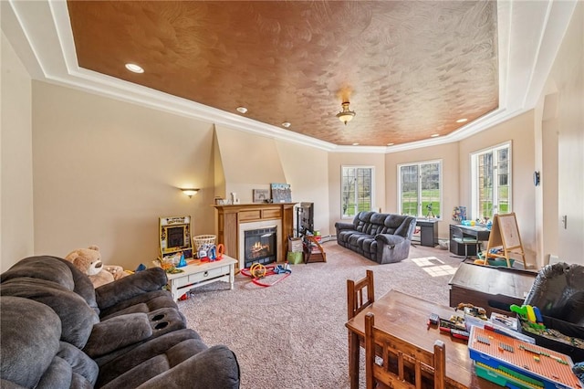 221 Pitgas Rd, Clarksville, PA 15322 - living room featuring ornamental molding, carpet, baseboard heating, recessed lighting, and a glass covered fireplace