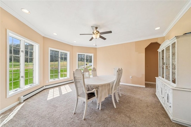 221 Pitgas Rd, Clarksville, PA 15322 - carpeted dining space with a wealth of natural light, a baseboard heating unit, a ceiling fan, and crown molding