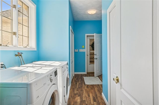 221 Pitgas Rd, Clarksville, PA 15322 - laundry area featuring dark wood-type flooring, baseboards, and washer and clothes dryer