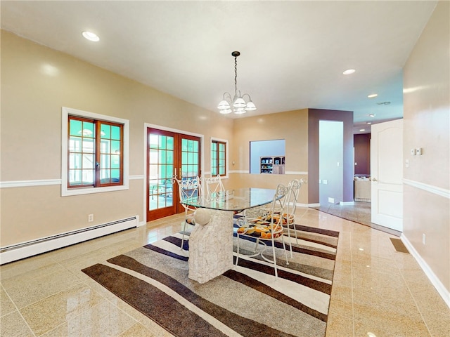 221 Pitgas Rd, Clarksville, PA 15322 - dining area with french doors, baseboards, recessed lighting, and baseboard heating