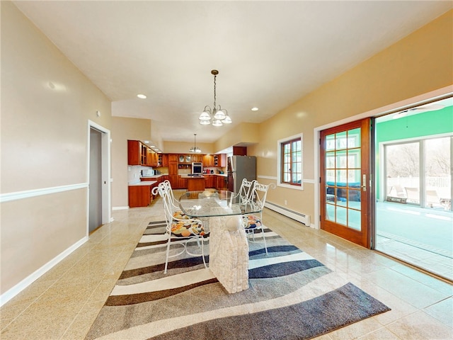 221 Pitgas Rd, Clarksville, PA 15322 - dining area with baseboards, recessed lighting, a notable chandelier, and a baseboard heating unit