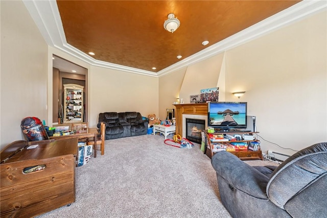 221 Pitgas Rd, Clarksville, PA 15322 - living room featuring ornamental molding, a baseboard radiator, carpet, recessed lighting, and a glass covered fireplace