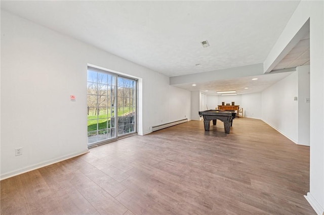 221 Pitgas Rd, Clarksville, PA 15322 - game room featuring recessed lighting, wood finished floors, a baseboard heating unit, baseboards, and billiards