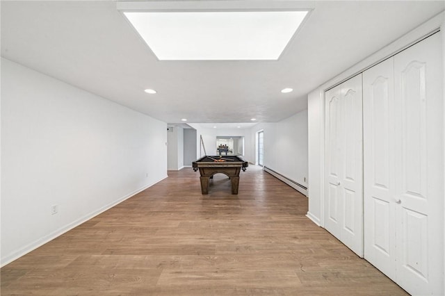 221 Pitgas Rd, Clarksville, PA 15322 - playroom with light wood-style floors, recessed lighting, a baseboard radiator, baseboards, and billiards