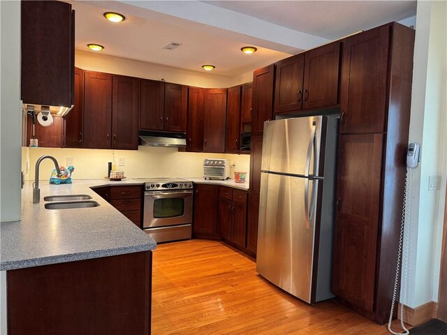 1419 Alverado Ave, Beechview, PA 15216 - kitchen with light wood-style floors, visible vents, appliances with stainless steel finishes, under cabinet range hood, and a sink