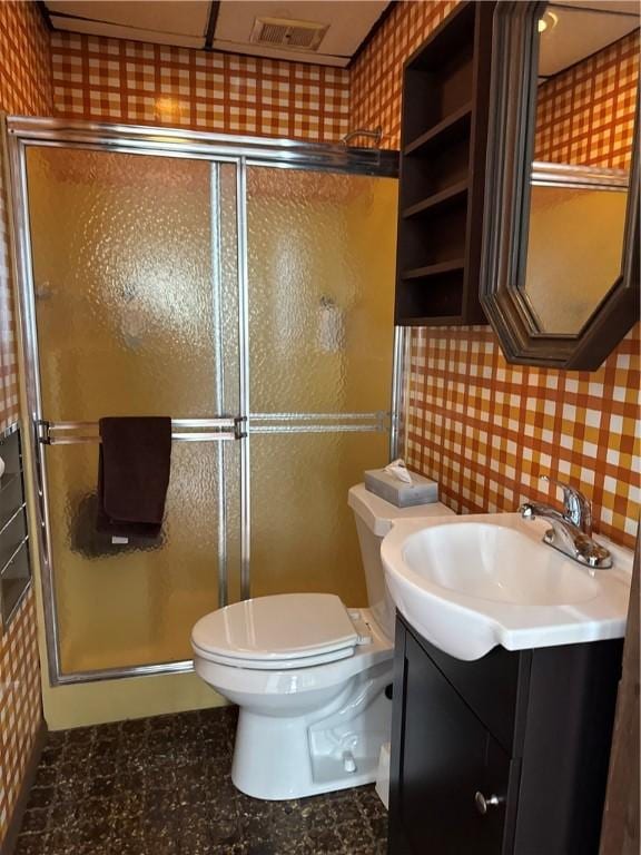 1419 Alverado Ave, Beechview, PA 15216 - bathroom with vanity, wallpapered walls, toilet, a shower stall, and visible vents