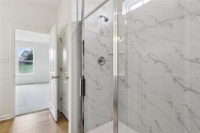 bathroom with wood finished floors and a shower stall