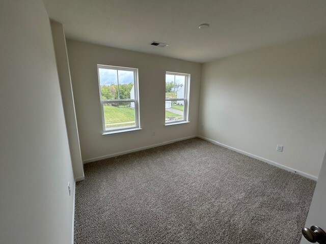 unfurnished room with baseboards, visible vents, and carpet