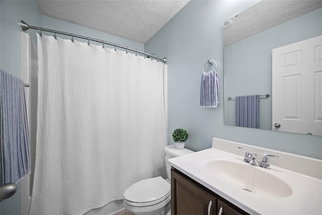 bathroom with toilet, a textured ceiling, shower / bathtub combination with curtain, and vanity