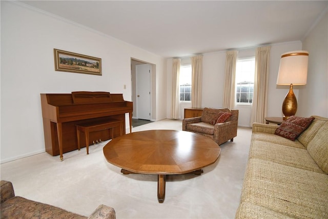 living area featuring ornamental molding