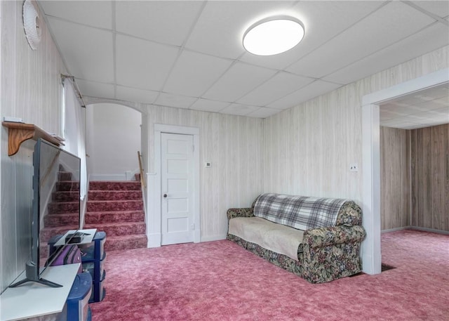 103 Timblin, Clay Twp, PA 16001 - living room with carpet flooring, stairway, a drop ceiling, and arched walkways