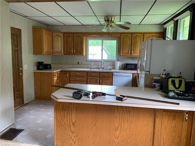 103 Timblin, Clay Twp, PA 16001 - kitchen with white appliances, a sink, light floors, brown cabinets, and ceiling fan