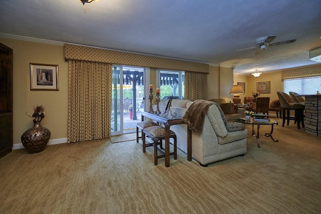 107 Spring Ln, South Union Twp, PA 15401 - living room with ornamental molding, a ceiling fan, carpet flooring, and baseboards