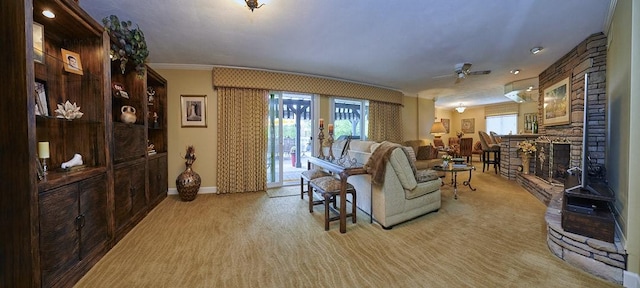 107 Spring Ln, South Union Twp, PA 15401 - living area with carpet flooring, a ceiling fan, baseboards, a fireplace, and ornamental molding