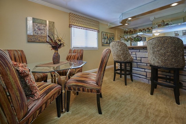 107 Spring Ln, South Union Twp, PA 15401 - dining room featuring ornamental molding, light carpet, a bar, baseboards, and recessed lighting