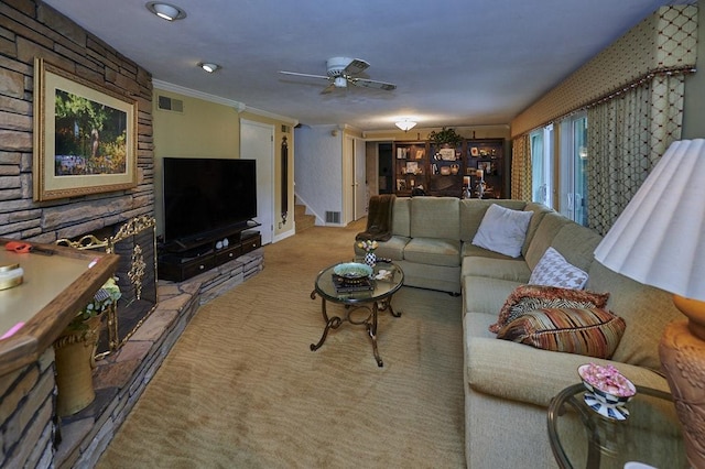 107 Spring Ln, South Union Twp, PA 15401 - living room featuring carpet flooring, ornamental molding, ceiling fan, and stairs