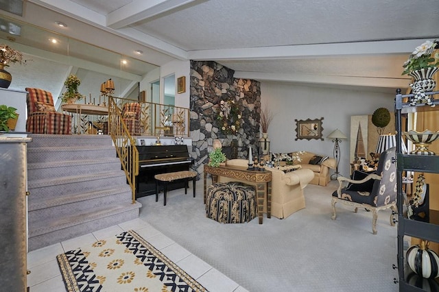 107 Spring Ln, South Union Twp, PA 15401 - carpeted living room with tile patterned flooring, stairs, and recessed lighting