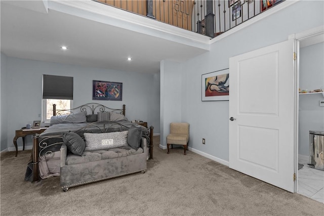 bedroom featuring baseboards, recessed lighting, and carpet flooring