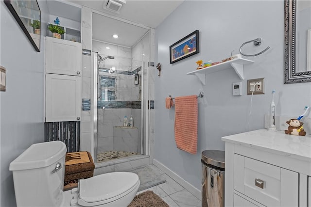 bathroom with toilet, a stall shower, baseboards, and visible vents