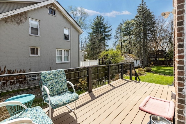 wooden deck featuring fence and a lawn