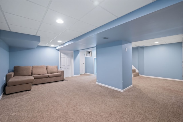 6429 Bartlett St, Squirrel Hill, PA 15217 - carpeted living area featuring baseboards, a paneled ceiling, and stairs
