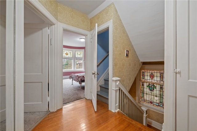 6429 Bartlett St, Squirrel Hill, PA 15217 - stairway with hardwood / wood-style floors and wallpapered walls