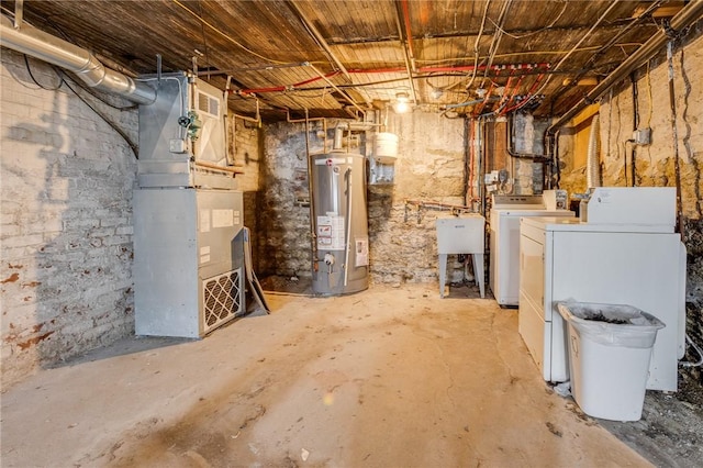 1415 Lager St, Troy Hill, PA 15212 - unfinished basement with water heater, washer and clothes dryer, heating unit, and a sink
