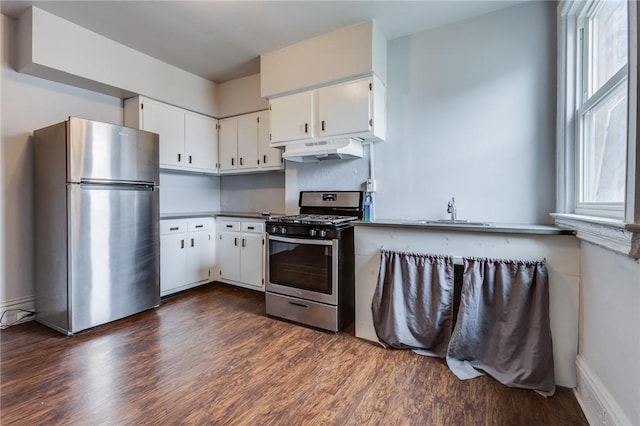 1415 Lager St, Troy Hill, PA 15212 - kitchen featuring stainless steel appliances, under cabinet range hood, dark wood-type flooring, and a healthy amount of sunlight