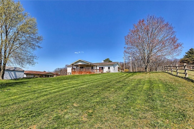 view of yard with a wooden deck and fence