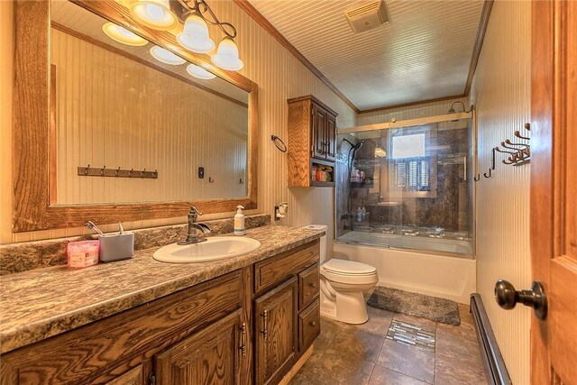 full bathroom with vanity, ornamental molding, enclosed tub / shower combo, toilet, and visible vents