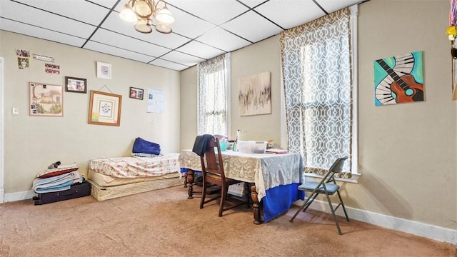 bedroom with baseboards, a drop ceiling, and carpet flooring